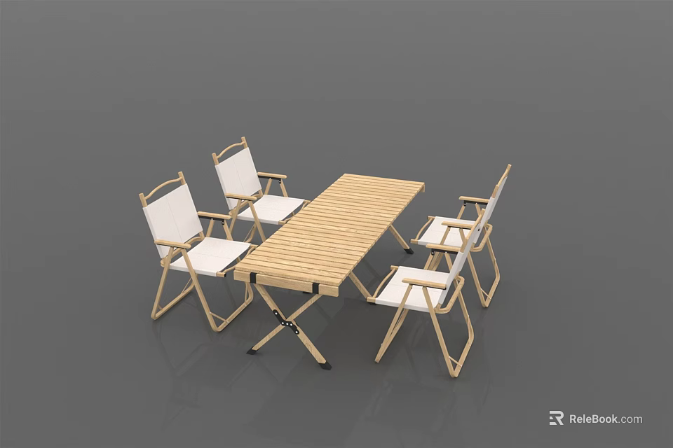 Foldable Outdoor Table With Wooden Tabletop Four Chairs And White Cushions 3d model 