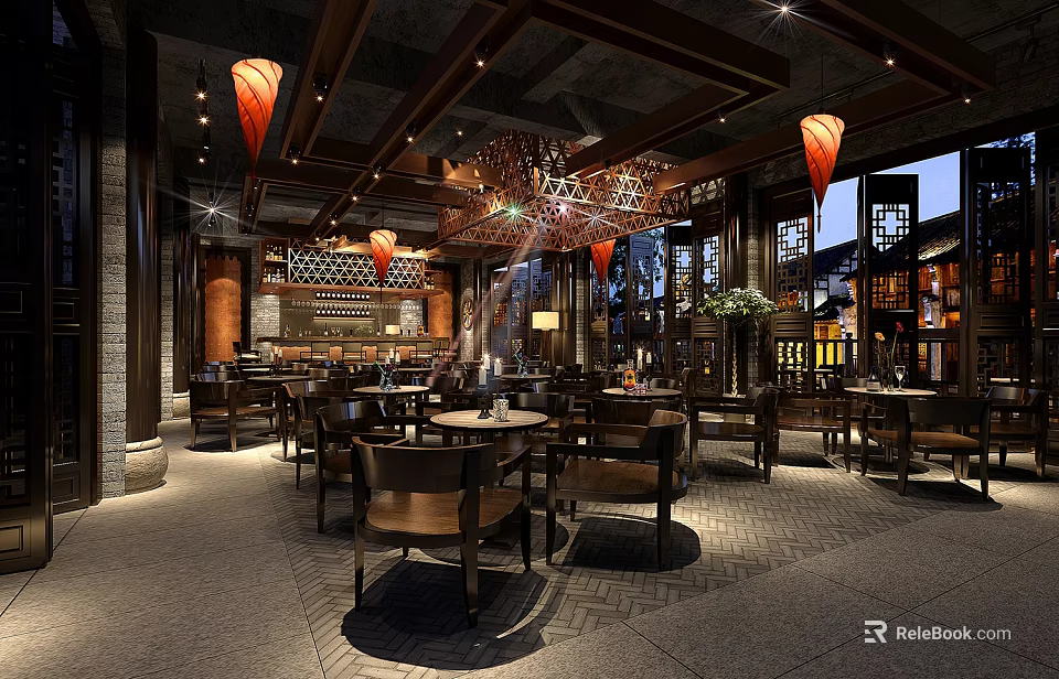 Traditional Chinese Tea House Interior With Wooden Furniture And Hanging Lanterns Decor 3d model 