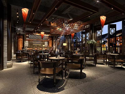 Traditional Chinese Tea House Interior With Wooden Furniture And Hanging Lanterns Decor 3d model