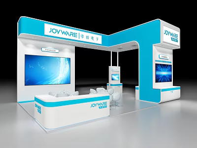JOYWARE Exhibition Booth With Blue And White Design Large Screen And Reception Desk 3d model