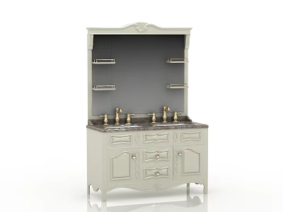 Classical Light Colored Bathroom Cabinet With Carved Design Open Shelves Dark Countertop And Gold Faucets 3d model
