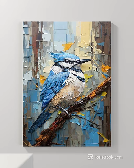 Blue Jay Animal Painting With Impasto Texture On Branch And Yellow Leaves 3d model 