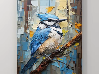 Blue Jay Animal Painting With Impasto Texture On Branch And Yellow Leaves 3d model