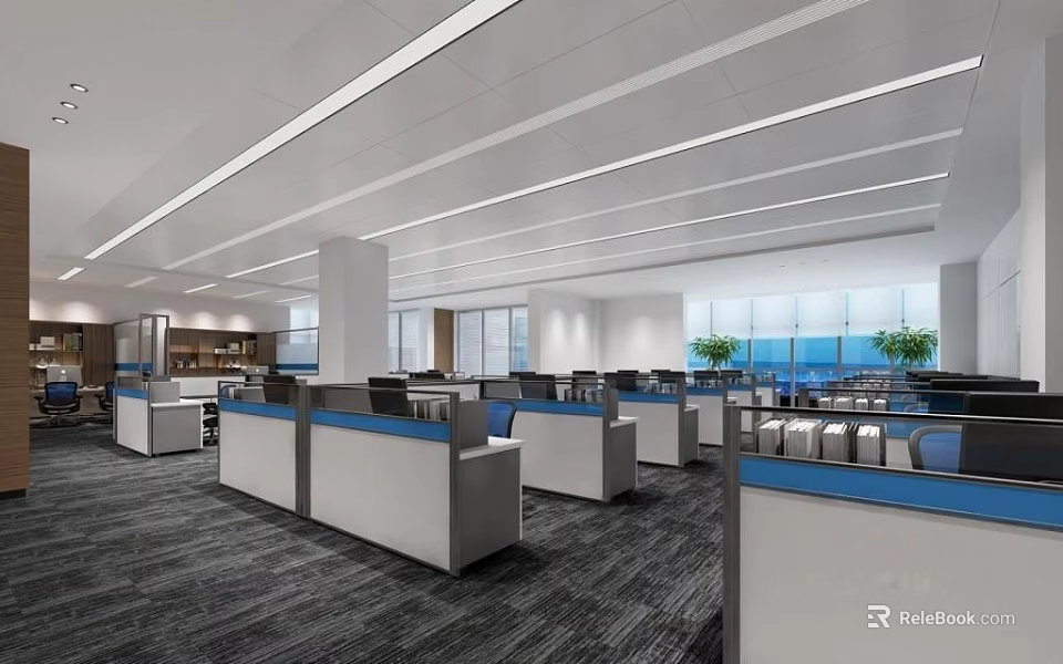 Modern Public Office Space With Open Workstations Blue Partition Panels And Large Windows 3d model