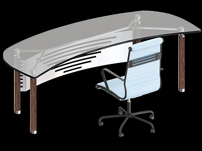 Modern Office Desk With Glass Top Curved Design Wooden Legs And Rolling Chair 3d model