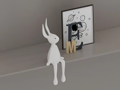 Hinged Door With White Rabbit Ornament Gray Shelf Wooden Letter M And Black Planet Frame 3d model