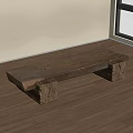 Rustic Long Wooden Stool With Carved Square Legs On Wooden Floor By Window City View