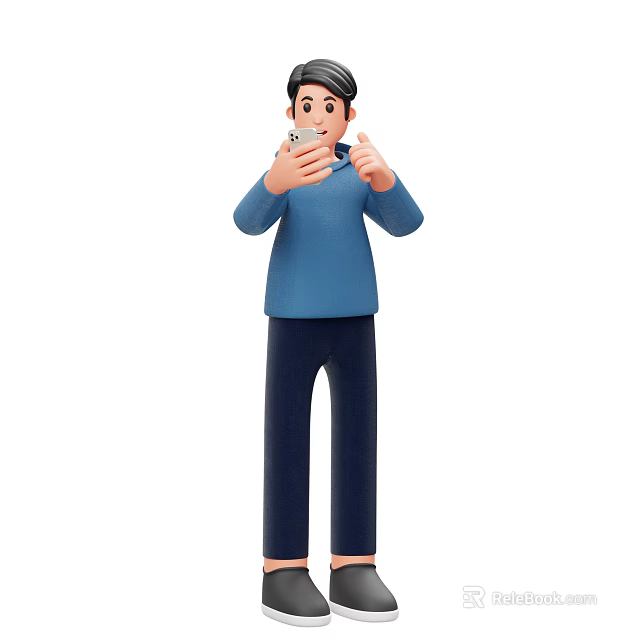 Man In Blue Shirt And Dark Pants Holding Smartphone While Taking Selfie During Daily Activity 3d model 