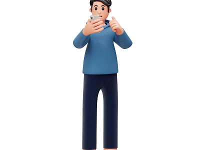 Man In Blue Shirt And Dark Pants Holding Smartphone While Taking Selfie During Daily Activity 3d model