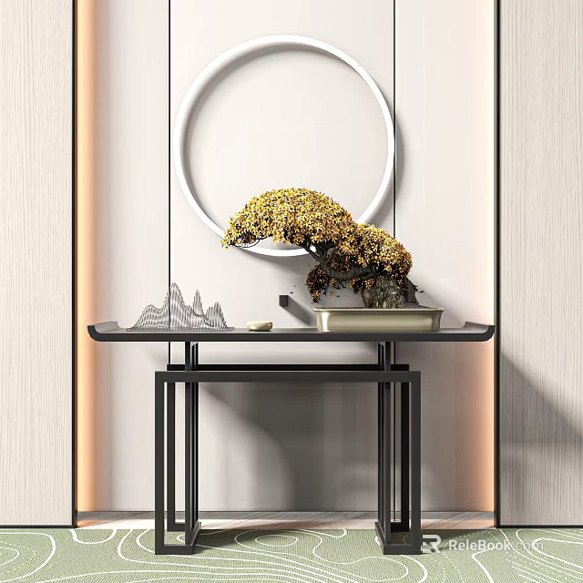 Console Table With Round Mirror Yellow Bonsai And Mountain Pattern Decor 3d model