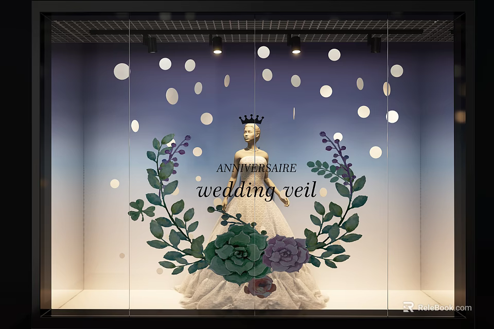 Wedding Window Display Featuring Bridal Gown Mannequin Crown Bridal Veil Floral Wreath Polka Dot Decorations 3d model 
