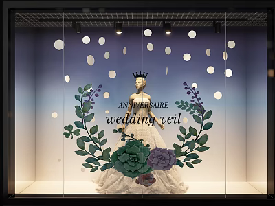 Wedding Window Display Featuring Bridal Gown Mannequin Crown Bridal Veil Floral Wreath Polka Dot Decorations 3d model