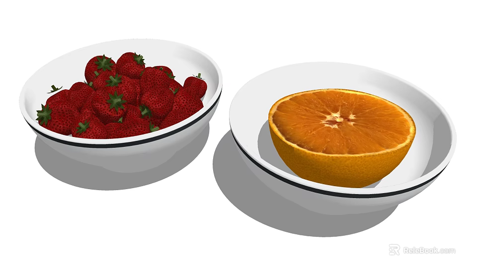 Fresh Red Strawberries and Half Orange in White Bowls as Healthy Fruit Snacks 3d model 