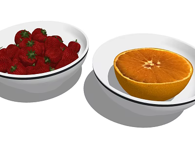 Fresh Red Strawberries and Half Orange in White Bowls as Healthy Fruit Snacks 3d model