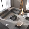 Modern Living Room White Sofa Black Coffee Table Armchairs Floor Lamp And Mountain View