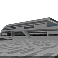Modern Office Building Exterior With Geometric Design Large Glass Windows And Paved Plaza
