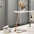 Stylish Side Table in Modern Living Room with Blinds Sofa Plant and Books