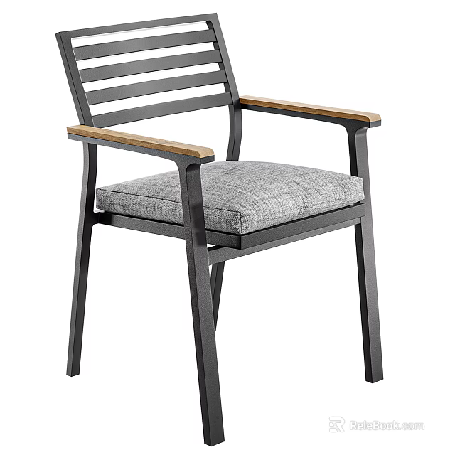 Modern Single Chair with Metal Frame Wooden Armrests and Gray Cushion 3d model 