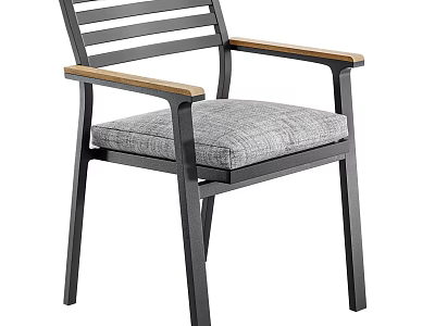 Modern Single Chair with Metal Frame Wooden Armrests and Gray Cushion 3d model
