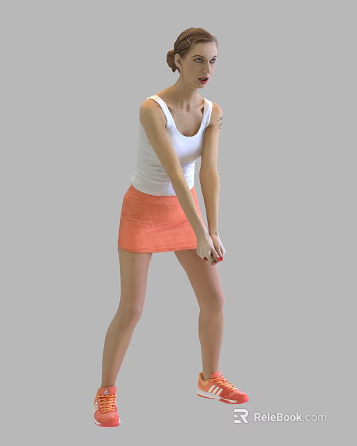 Woman In White Tank Top And Orange Skirt Bending Forward With Hands In Front 3d model 
