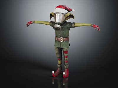 Green Skinned Fantasy Creature In Santa Hat With Elf Outfit Red Gloves Shoes Bandages Mask 3d model