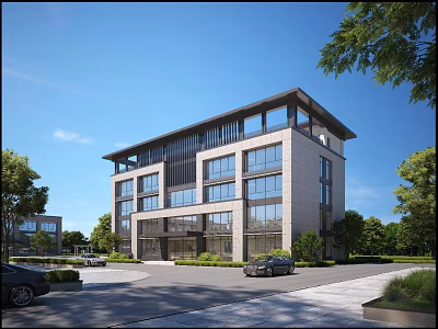 Modern Multi Storey Industrial Factory Building With Large Glass Windows Surrounding Greenery And Parking Area 3d model