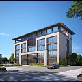 Modern Multi Storey Industrial Factory Building With Large Glass Windows Surrounding Greenery And Parking Area