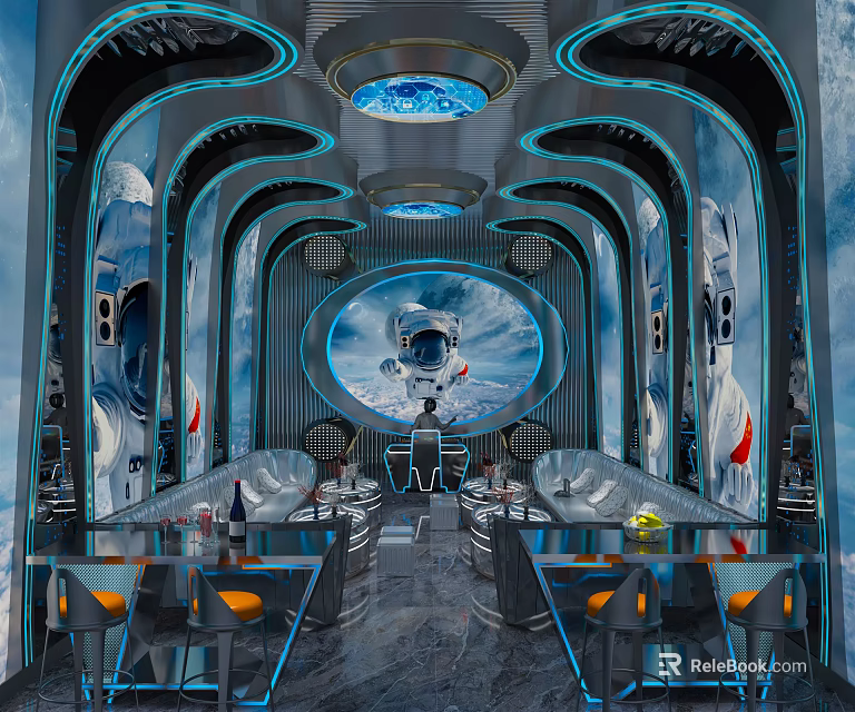 Futuristic Space Themed KTV Lounge With Astronaut Design Curved Interiors Blue Lighting And Comfortable Seating 3d model 