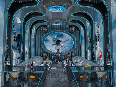 Futuristic Space Themed KTV Lounge With Astronaut Design Curved Interiors Blue Lighting And Comfortable Seating 3d model