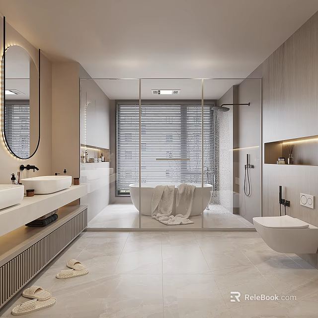 Modern Minimalist Warm Bathroom Interior With Freestanding Bathtub Glass Shower Enclosure And Double Sinks 3d model 