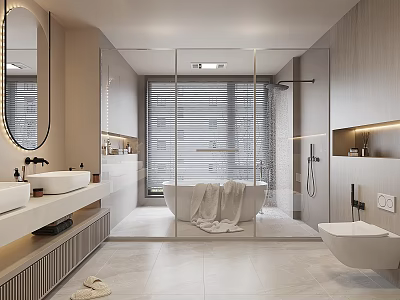 Modern Minimalist Warm Bathroom Interior With Freestanding Bathtub Glass Shower Enclosure And Double Sinks 3d model