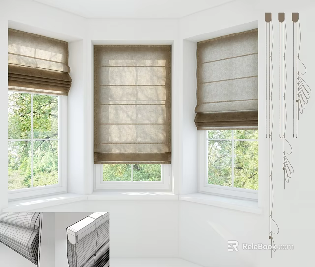 Roman Blinds Dressing Windows In Bright Interior With Natural Light And Green View 3d model 