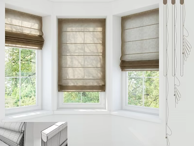 Roman Blinds Dressing Windows In Bright Interior With Natural Light And Green View 3d model