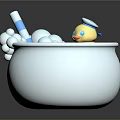 Playful Cartoon Round Bathtub Scene With Yellow Rubber Duck Bubbles And Blue White Striped Straw