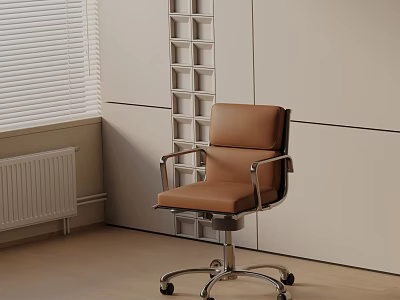 Brown Massage Chair with Metal Frame and Wheels in Room with White Walls and Blinds 3d model