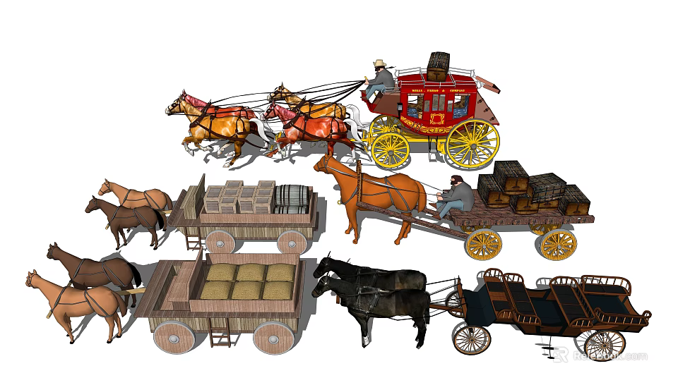 Various Horse-Drawn Carriages With Horses Cargo Covered Tops And Open Cargo Beds 3d model 