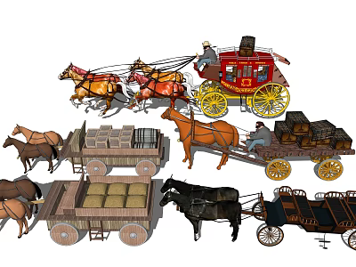 Various Horse-Drawn Carriages With Horses Cargo Covered Tops And Open Cargo Beds 3d model
