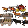 Various Horse-Drawn Carriages With Horses Cargo Covered Tops And Open Cargo Beds
