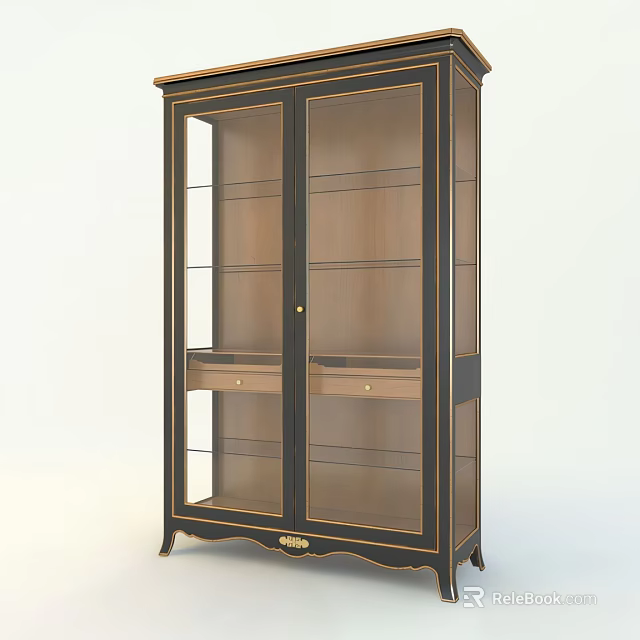 Elegant Display Cabinet Shelf With Double Glass Doors Wooden Frame And Storage Drawers 3d model 