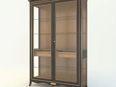 Elegant Display Cabinet Shelf With Double Glass Doors Wooden Frame And Storage Drawers 3d model