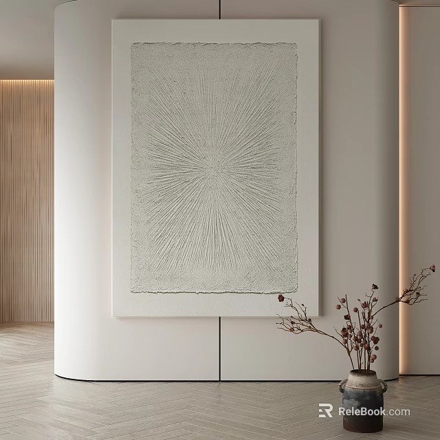 Abstract Painting On Light Colored Wall With Wooden Decor And Vase Of Dried Flowers 3d model 