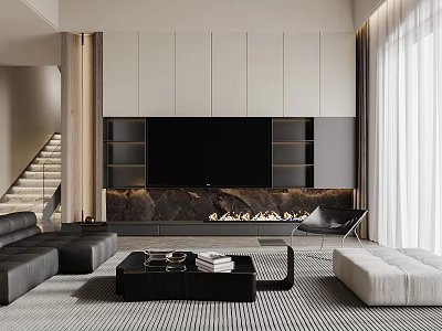 Modern Living Dining Room Interior Design With Black Leather Sofa Marble Fireplace And TV Wall 3d model