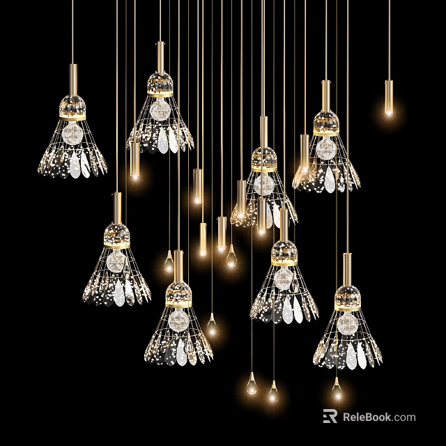 Elegant Crystal Chandeliers With Gold Frame And Hanging Crystal Pendants 3d model 