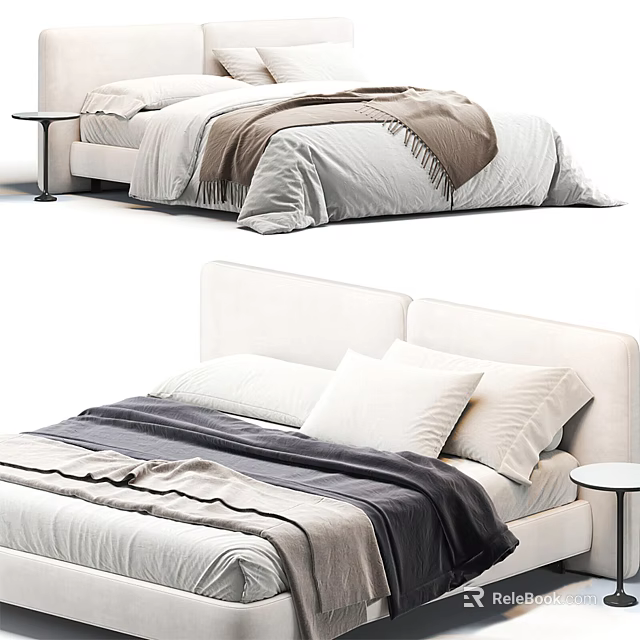 Elegant Double Bed With Soft Bedding Pillows Blankets And Side Table 3d model 
