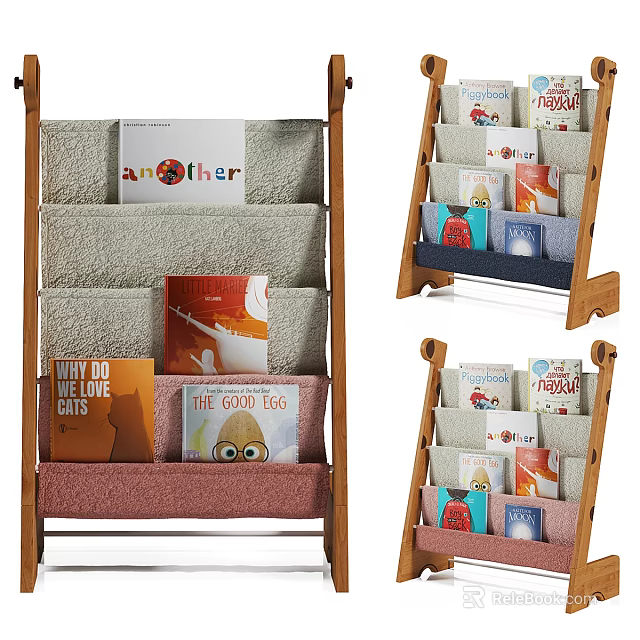 Wooden Display Shelves with Colorful Fabric Storage Pockets for Organizing Books and Multiple Compartments 3d model 