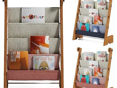 Wooden Display Shelves with Colorful Fabric Storage Pockets for Organizing Books and Multiple Compartments 3d model