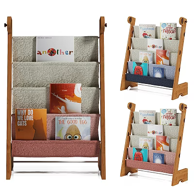 Wooden Display Shelves with Colorful Fabric Storage Pockets for Organizing Books and Multiple Compartments 3d model