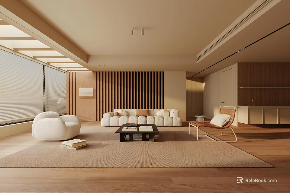 Modern Living Room With Wooden Slatted Screen White Sofa Coffee Table Rug And Floor-to-Ceiling Windows 3d model 