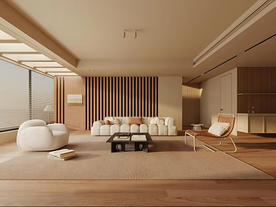 Modern Living Room With Wooden Slatted Screen White Sofa Coffee Table Rug And Floor-to-Ceiling Windows 3d model