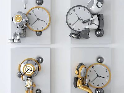 Unique Wall Decor With Robot Shaped Clocks Silver Gold Accents Round Dials Modern Style 3d model